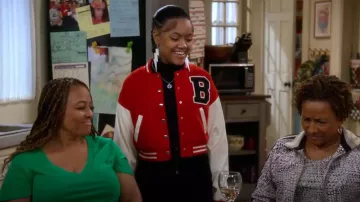 Shein Ezwear Letter Patched Detail Striped Trim Drop Shoulder Crop Varsity Jacket worn by Aaliyah Upshaw (Khali Spraggins) as seen in The Upshaws (S05E06)