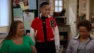 Shein Ezwear Letter Patched Detail Striped Trim Drop Shoulder Crop Varsity Jacket worn by Aaliyah Upshaw (Khali Spraggins) as seen in The Upshaws (S05E06)