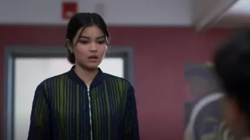 Zara Women’s Striped Or­gan­za Bomber Jacket Blue worn by Carmie Henley (Kaileen Chang) as seen in I Woke Up a Vampire (S02E06)