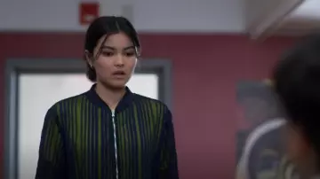 Zara Women’s Striped Or­gan­za Bomber Jacket Blue worn by Carmie Henley (Kaileen Chang) as seen in I Woke Up a Vampire (S02E06)