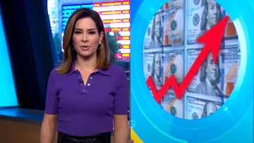 Polo de suéter de costilla de teoría en peonía brillante usado por Rebecca Jarvis como se ve en Good Morning America el 29 de abril de 2024