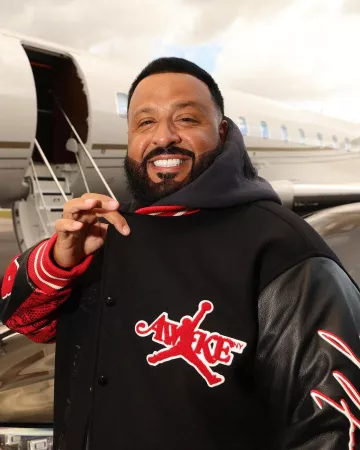 Jordan Awake NY Black & Red Varsity Jacket worn by DJ Khaled on the Instagram account @djkhaled