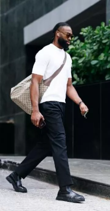 Gucci White Collar-Logo Silk T-Shirt worn by Jaylen Brown on the Instagram account @shotbyretro6