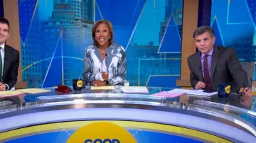 Lafayette 148 New York Rigby Marbled Blouse worn by Robin Roberts as seen in Good Morning America on April 30, 2024