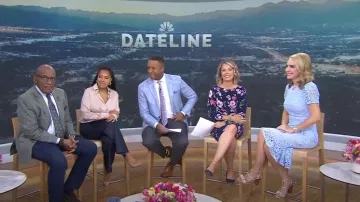 Robe en dentelle Shoshanna Edgecombe en bleu français portée par Andrea Canning comme on le voit dans Today le 10 mai 2024