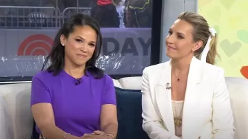Theory Short-Sleeve Sweater in Regal Wool Bright Peony worn by Laura Jarrett as seen in Today on May 13, 2024
