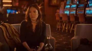 FP One Colt Thermal Bell Sleeve Henley Charcoal Blouse worn by Hana (Ally Maki) as seen in The Big Door Prize (S02E05)