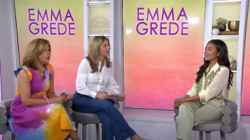 Veronica Beard Sheridan Vaqueros de campana de tiro alto con costuras usados por Jenna Bush Hager como se ve en Today with Hoda & Jenna el 17 de mayo de 2024