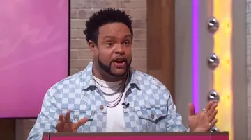 Fashion Nova Checkered Denim Jacket worn by Jawn Murray as seen in Sherri on  May 17, 2024