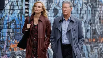 Outfits of Longing: Diane Kruger wears Brown Long Leather Coat to play Alice in the movie