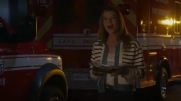 Sandro Stripy Knit and Den­im Coat­i­gan worn by Kim as seen in 9-1-1 (S07E09)