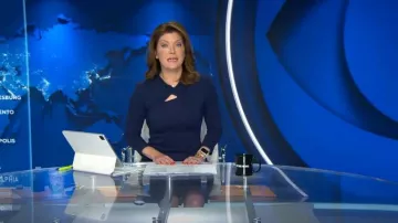 Giorgio Armani Milano Robe moulante à col noué en jersey portée par Norah O’Donnell telle que vue dans CBS Evening News le 23 mai 2024
