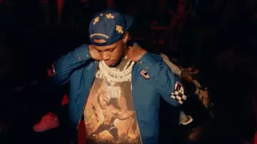 Chrome Hearts Blue & Yellow Cross Patches CH Hat worn by A Boogie wit da Hoodie in A Boogie Wit da Hoodie - Body (feat. Cash Cobain) [Official Music Video]