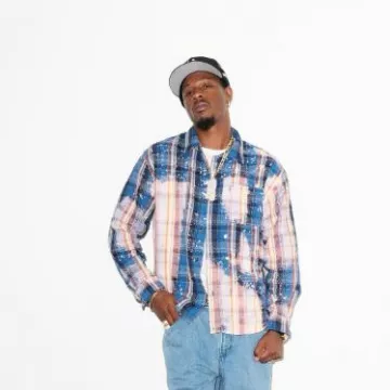 Jordan Awake NY Blue Bleached Flannel Shirt worn by Joey Bada$$ on the Instagram account @joeybadass