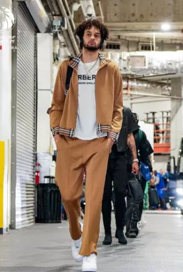 Burberry Light Brown & Check-Waist Trackpants worn by Dereck Lively II on the Instagram account @dallasmavs