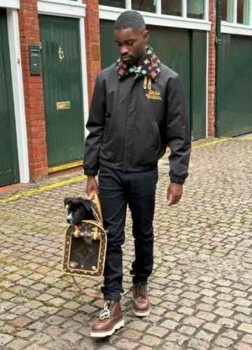 Louis Vuitton Tyler The Creator Brown Monogram Dog Bag worn by Dave on the Instagram account @santandave