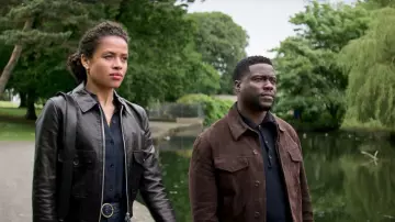 Lift Movie Outfits: Kevin Hart is wearing Brown Suede jacket to portray Cyrus