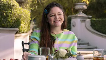 Get the look from Hacks TV series: Knit cut out cropped top worn by Kayla (Megan Stalter) in season 3, episode 7