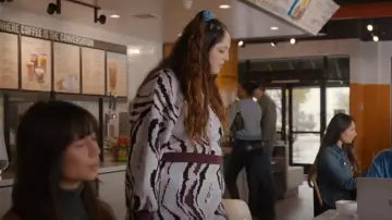 Eloquii Purple Abstract Intarsia Mock Neck Drop Shoulder Sweater worn by Kayla (Megan Stalter) as seen in Hacks (S03E09)