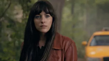 Dakota Johnson Wardrobe: Red Leather Coat worn by the actress as Cassandra Webb in Madame Web movie