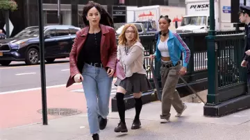 Dakota Johnson Wardrobe: Red Leather Coat worn by the actress as Cassandra Webb in Madame Web movie