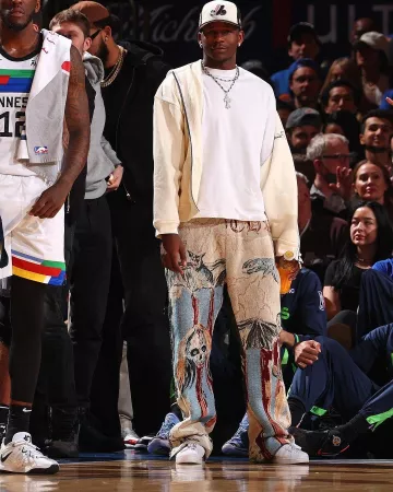 Rhude Ivory Script Logo Zip Hoodie worn by Anthony Edwards on the Instagram account @nbafashionfits