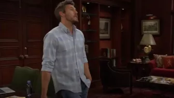 Theory Irving Flannel Shirt in Blue Multi worn by Liam Spencer ( Scott Clifton) as seen in The Bold and the Beautiful on May 23, 2024