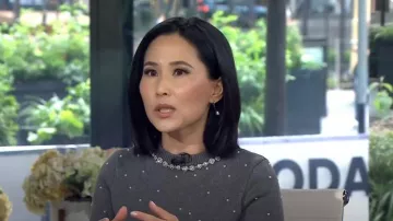 Zara Pearl and Jewel Knit Sweater worn by Vicky Nguyen as seen in Today on June 6, 2024