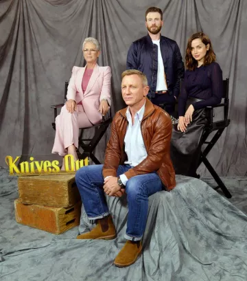 Knives Out Movie Outfits: Daniel Craig is wearing Zip Leather Jacket for promotional photo call at the Four Seasons Hotel on Friday, Nov. 15, 2019, in Los Angeles