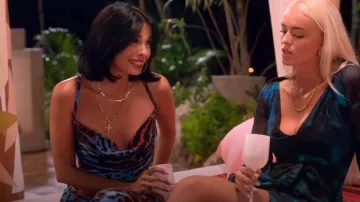 Pretty Little Thing Blue Leopard Print Plisse Strappy Cowl Neck Top worn by Xanthi Perdikomatis as seen in Perfect Match (S02E03)