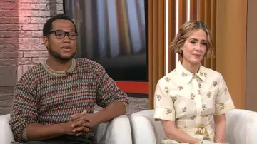 Adam Lippes Leighton Dress in Cream Floral worn by Sarah Paulson as seen in CBS Mornings on  June 7, 2024