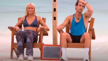 Pretty Little Thing Blue Denim Pocket Print Chiffon Drawstring Wide Leg Beach Pants worn by Elys Hutchinson as seen in Perfect Match (S02E04)