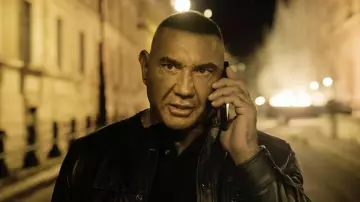The Killer's Game Outfits: Dave Bautista is wearing a leather jacket to portray Joe Flood