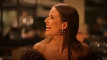 Chanel Classic Black CC Logo Pearl Dangle Earrings worn by Rasa Bagdonaviciute as seen in Buying London (S01E02)