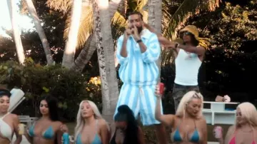 Rhude White & Light Blue Striped Terry Cotton Shorts worn by French Montana in French Montana & Skilla Baby - Skyami (Official Music Video)
