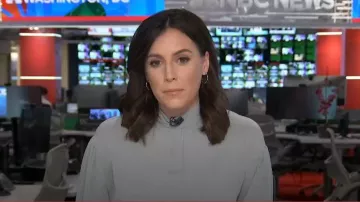 Vince Shirred Mock Neck Blouse worn by Hallie Jackson as seen in Today on June 10, 2024