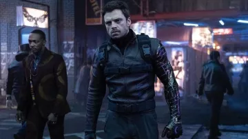 The Falcon and the Winter Soldier Outfits: Bucky Barnes (Sebastian Stan) is wearing Leather biker jacket in season 1, episode 3