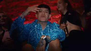 Louis Vuitton Light Blue Speckled Monogram Windbreaker worn by Junior H in LA DURANGO (Video Oficial) - Peso Pluma, Junior H, Eslabón Armado