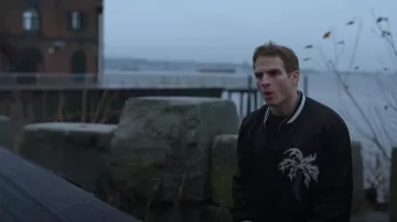 Celine Homme Appliqued Satin Bomber Jacket worn by Brayden Weston (Gianni Paolo) as seen in Power Book II: Ghost (S04E01)