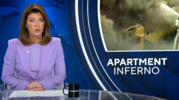 Michael Kors Collection Stretch Wool Blend Crepe Shift Dress in Freesia worn by Norah O'Donnell as seen in CBS Evening News on  June 10, 2024