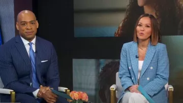 Sandro Double-Breasted Tweed Blazer worn by Eva Pilgrim as seen in Good Morning America on  June 13, 2024
