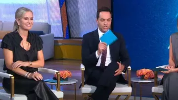 Ulla Johnson Liv Plisse Satin Top in Noir worn by Jennifer Ashton as seen in Good Morning America on  June 14, 2024