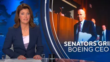 Chaqueta blazer de solapa crepé Sable Peak de la colección Michael Kors usada por Norah O'Donnell como se ve en CBS Evening News el 18 de junio de 2024