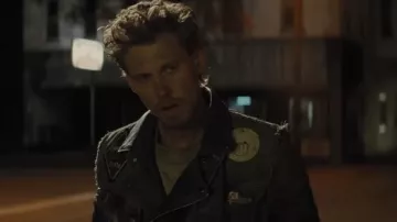 Bikeriders Outfits: Austin Butler is wearing Patched Motorcycle Leather Jacket to play Benny in the movie