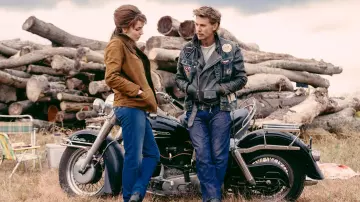 The Bikeriders Movie Wardrobe: Jodie Comer is wearing Suede brown jacket