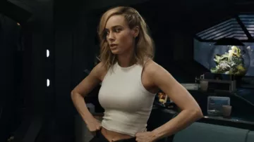 The Marvels movie wardrobe: Brie Larson is wearing White Crop Top to play Carol Danvers