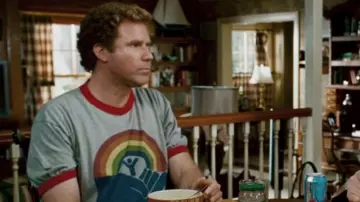 Step Brothers Movie Outfits: Will Ferrell is wearing United Way Rainbow Ringer T-Shirt to portray Brennan Huff