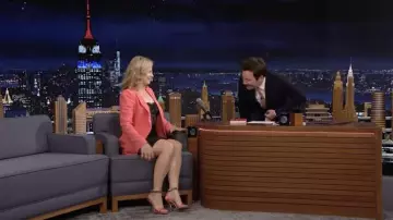 Mary Lynn Rajskub Outfits: she is wearing Alexander McQueen Salmon Pink Heels in The Tonight Show Starring Jimmy Fallon TV show on May 17, 2022