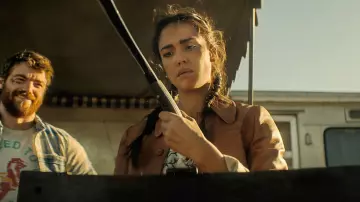 Clothing from Trigger Warning: Parker (Jessica Alba) is wearing Brown Leather Jacket in the movie