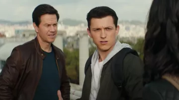 Uncharted Movie Wardrobe: Mark Wahlberg is wearing Brown leather jacket to play Victor Sullivan